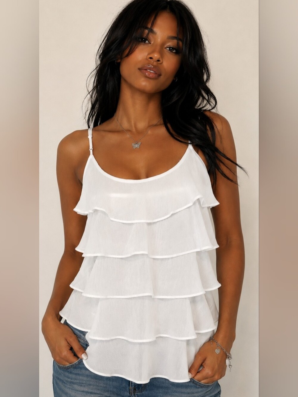 Candie's White Tiered Ruffle Cami Tank Top Chiffon Boho Y2K Fairycore Coquette